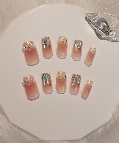 23))ストーンネイル フレンチガーリー ネイルチップ ぷっくり ピンク