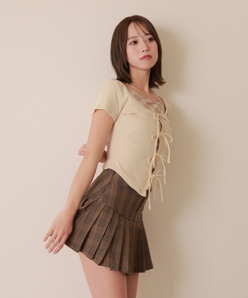 check ribbon pleats mini skirt/チェックリボンプリーツミニスカート