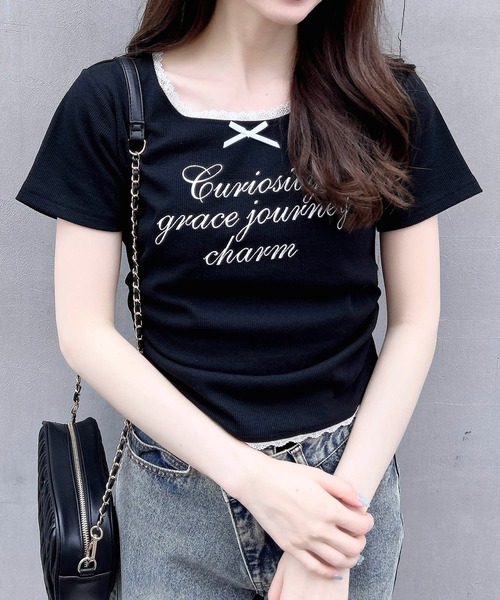 セール】サイドギャザーリボン付ロゴレースリブトップス（T