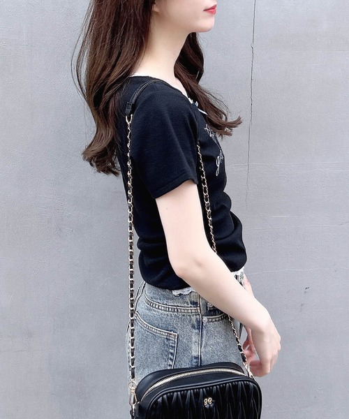 INGNI(イング)の「サイドギャザーリボン付ロゴレースリブトップス(Tシャツ/カットソー・レディース・ブラック×ホワイト/ピンク系7/グレー×ホワイト/ホワイト×ピンク・M)」の6枚目の写真