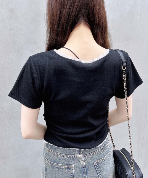 INGNI(イング)の「サイドギャザーリボン付ロゴレースリブトップス(Tシャツ/カットソー・レディース・ブラック×ホワイト/ピンク系7/グレー×ホワイト/ホワイト×ピンク・M)」の7枚目の写真