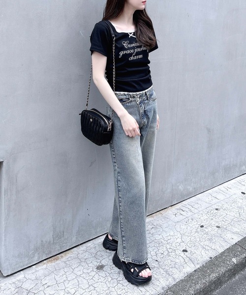 INGNI(イング)の「サイドギャザーリボン付ロゴレースリブトップス(Tシャツ/カットソー・レディース・ブラック×ホワイト/ピンク系7/グレー×ホワイト/ホワイト×ピンク・M)」の8枚目の写真