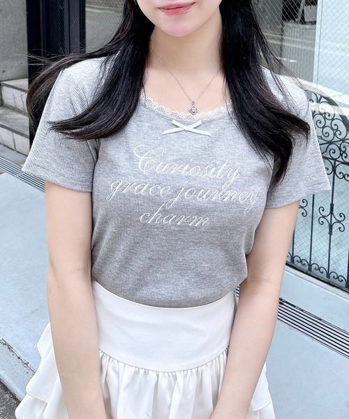 INGNI(イング)の「サイドギャザーリボン付ロゴレースリブトップス(Tシャツ/カットソー・レディース・ブラック×ホワイト/ピンク系7/グレー×ホワイト/ホワイト×ピンク・M)」の9枚目の写真