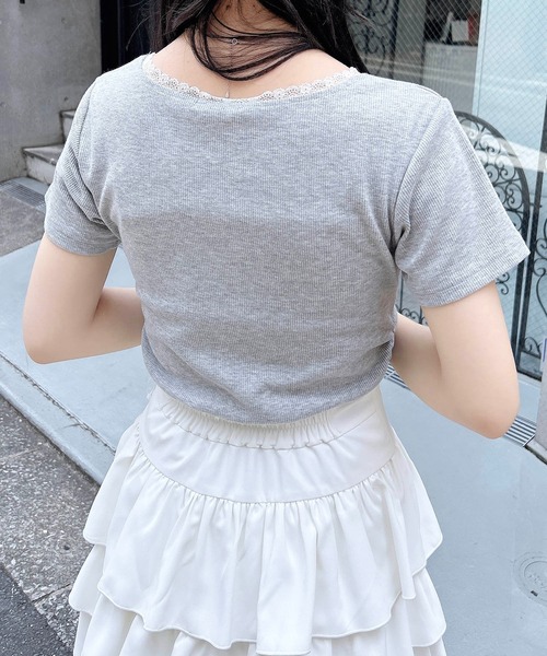 INGNI(イング)の「サイドギャザーリボン付ロゴレースリブトップス(Tシャツ/カットソー・レディース・ブラック×ホワイト/ピンク系7/グレー×ホワイト/ホワイト×ピンク・M)」の12枚目の写真