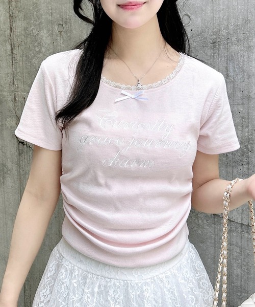 INGNI(イング)の「サイドギャザーリボン付ロゴレースリブトップス(Tシャツ/カットソー・レディース・ブラック×ホワイト/ピンク系7/グレー×ホワイト/ホワイト×ピンク・M)」の17枚目の写真