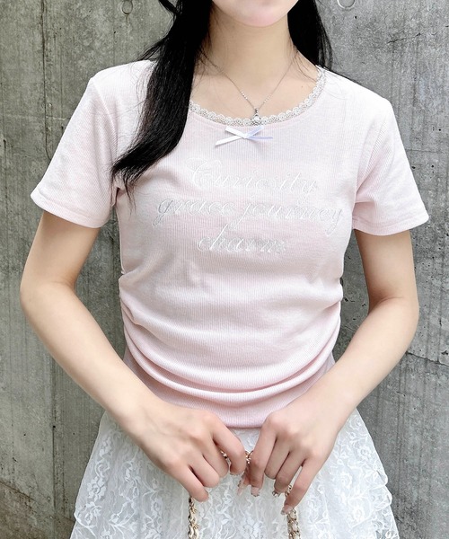 INGNI(イング)の「サイドギャザーリボン付ロゴレースリブトップス(Tシャツ/カットソー・レディース・ブラック×ホワイト/ピンク系7/グレー×ホワイト/ホワイト×ピンク・M)」の15枚目の写真