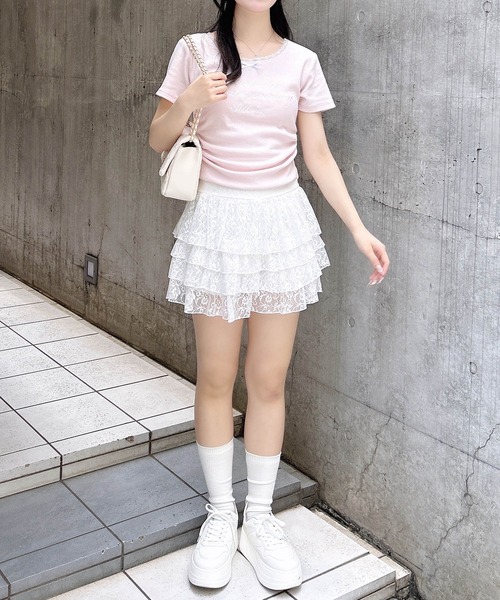 INGNI(イング)の「サイドギャザーリボン付ロゴレースリブトップス(Tシャツ/カットソー・レディース・ブラック×ホワイト/ピンク系7/グレー×ホワイト/ホワイト×ピンク・M)」の19枚目の写真