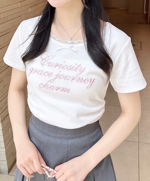 INGNI(イング)の「サイドギャザーリボン付ロゴレースリブトップス(Tシャツ/カットソー・レディース・ブラック×ホワイト/ピンク系7/グレー×ホワイト/ホワイト×ピンク・M)」の22枚目の写真