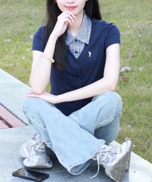 AsheKsha（アシクシャ）の「【新作】学院風 ポロ襟 セミショート 偽2重構造 トップス（Tシャツ/カットソー・レディース・ネイビー・F）」の14枚目の写真