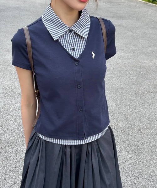 AsheKsha（アシクシャ）の「【新作】学院風 ポロ襟 セミショート 偽2重構造 トップス（Tシャツ/カットソー・レディース・ネイビー・F）」の16枚目の写真