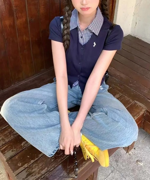 AsheKsha（アシクシャ）の「【新作】学院風 ポロ襟 セミショート 偽2重構造 トップス（Tシャツ/カットソー・レディース・ネイビー・F）」の19枚目の写真