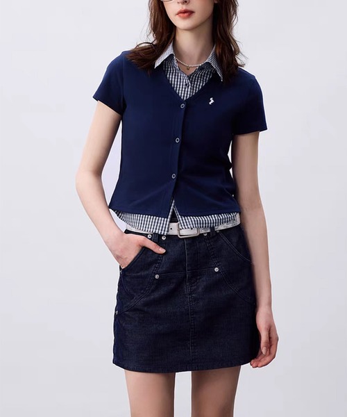 AsheKsha（アシクシャ）の「【新作】学院風 ポロ襟 セミショート 偽2重構造 トップス（Tシャツ/カットソー・レディース・ネイビー・F）」の9枚目の写真