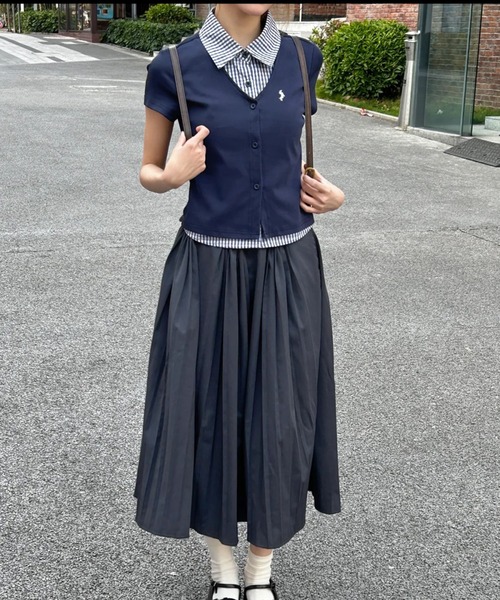 AsheKsha（アシクシャ）の「【新作】学院風 ポロ襟 セミショート 偽2重構造 トップス（Tシャツ/カットソー・レディース・ネイビー・F）」の10枚目の写真