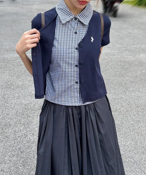 AsheKsha（アシクシャ）の「【新作】学院風 ポロ襟 セミショート 偽2重構造 トップス（Tシャツ/カットソー・レディース・ネイビー・F）」の5枚目の写真