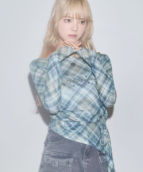 tシャツ ウエストリボン付き アシンメトリー ドレープチェックトップス レディース ウエストリボン付き アシンメトリー ドレープチェックトップス