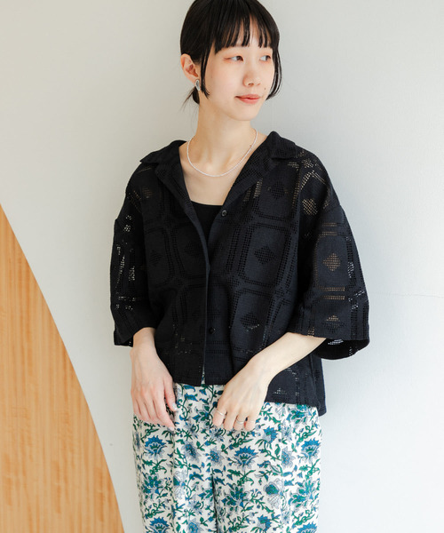 URBAN RESEARCH DOORS（アーバンリサーチドアーズ）の「『セットアップ対応』ハーフスリーブレースシャツ（シャツ/ブラウス・レディース・ナチュラル/ブラック・MEDIUM）」の6枚目の写真