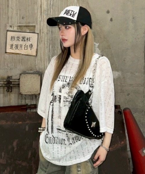 XU(エックスユー)の「【Never mind the XU】see-through short sleeve / 【ネバーマインド ザ エックスユー】シースルー半袖トップス <着用動画あり>(Tシャツ/カットソー・メンズ・ブラック/ベージュ/ホワイト/ブルーグレー・ONE SIZE)」の11枚目の写真