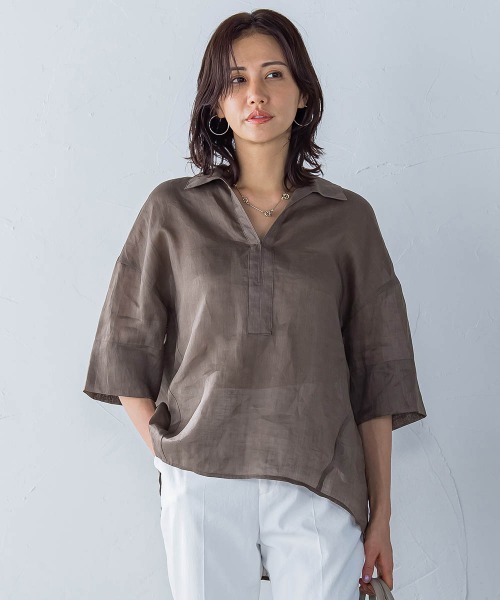 LAUTREAMONT(ロートレアモン)の「シアーリネンVネックブラウス≪手洗い可能≫(シャツ/ブラウス・レディース・ホワイト/ブラウン/イエロー・9号)」の2枚目の写真