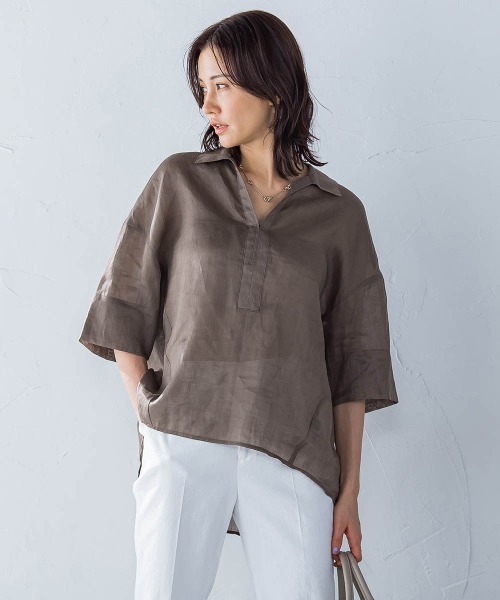 LAUTREAMONT(ロートレアモン)の「シアーリネンVネックブラウス≪手洗い可能≫(シャツ/ブラウス・レディース・ホワイト/ブラウン/イエロー・9号)」の13枚目の写真