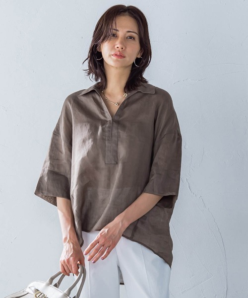 LAUTREAMONT(ロートレアモン)の「シアーリネンVネックブラウス≪手洗い可能≫(シャツ/ブラウス・レディース・ホワイト/ブラウン/イエロー・9号)」の14枚目の写真