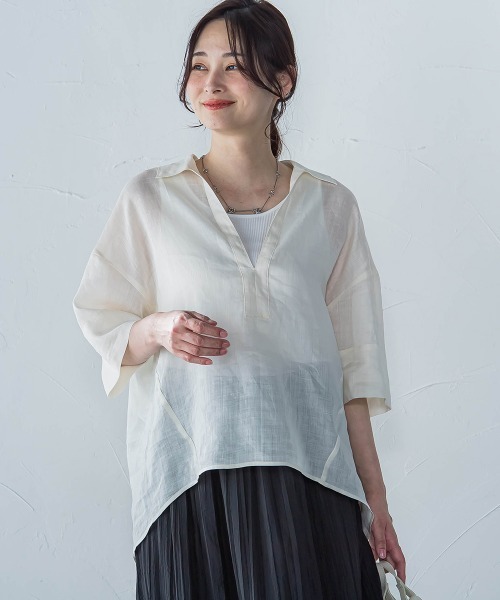 LAUTREAMONT(ロートレアモン)の「シアーリネンVネックブラウス≪手洗い可能≫(シャツ/ブラウス・レディース・ホワイト/ブラウン/イエロー・9号)」の5枚目の写真