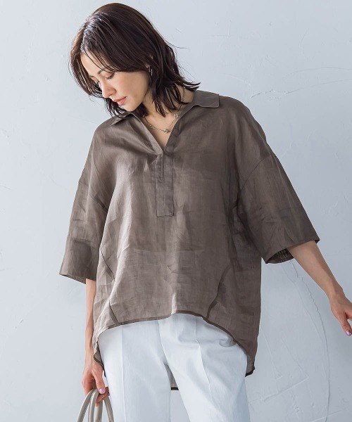 LAUTREAMONT(ロートレアモン)の「シアーリネンVネックブラウス≪手洗い可能≫(シャツ/ブラウス・レディース・ホワイト/ブラウン/イエロー・9号)」の15枚目の写真