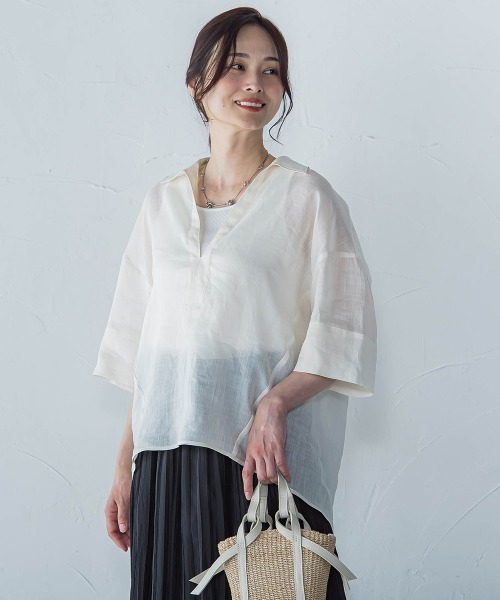 LAUTREAMONT(ロートレアモン)の「シアーリネンVネックブラウス≪手洗い可能≫(シャツ/ブラウス・レディース・ホワイト/ブラウン/イエロー・9号)」の4枚目の写真