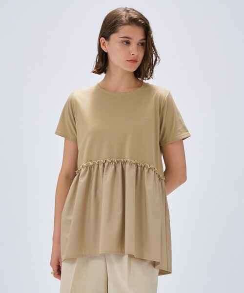 ブルネロクチネリ ドッキングシャツ カットソー コットン ベージュ セール】【マシンウォッシュ】ドッキングチュニックTシャツ（T