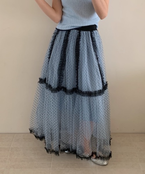 Aelina（エリナ）の「レースパッチワークレイヤードドット柄チュールスカート（スカート・レディース・ブルー/ピンク/ベージュ・F）」の20枚目の写真