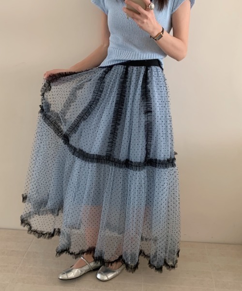 Aelina（エリナ）の「レースパッチワークレイヤードドット柄チュールスカート（スカート・レディース・ブルー/ピンク/ベージュ・F）」の13枚目の写真