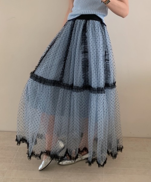 DOLCE & GABBANA レース ドット柄 チュールスカート 大きいサイズ セール】レースパッチワークレイヤードドット柄チュールスカート