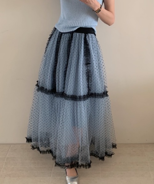 Aelina（エリナ）の「レースパッチワークレイヤードドット柄チュールスカート（スカート・レディース・ブルー/ピンク/ベージュ・F）」の17枚目の写真