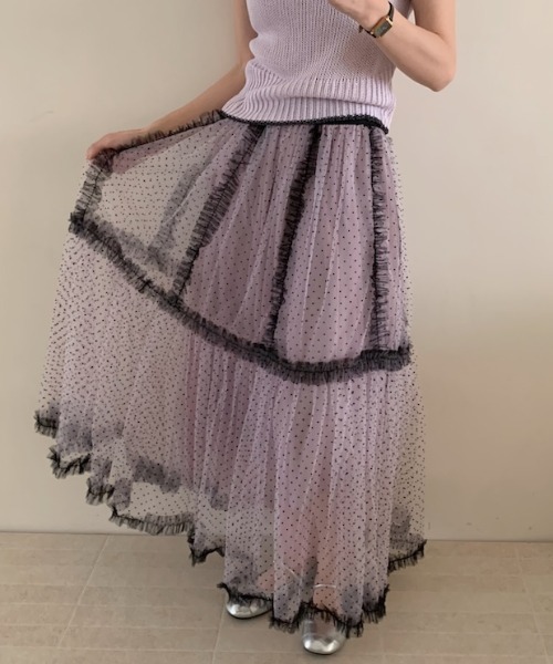Aelina（エリナ）の「レースパッチワークレイヤードドット柄チュールスカート（スカート・レディース・ブルー/ピンク/ベージュ・F）」の7枚目の写真