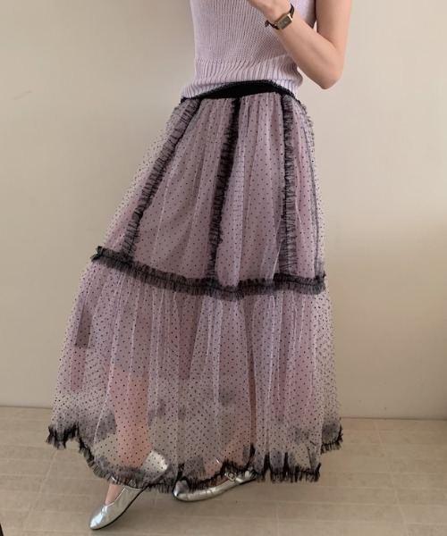Aelina（エリナ）の「レースパッチワークレイヤードドット柄チュールスカート（スカート・レディース・ブルー/ピンク/ベージュ・F）」の8枚目の写真