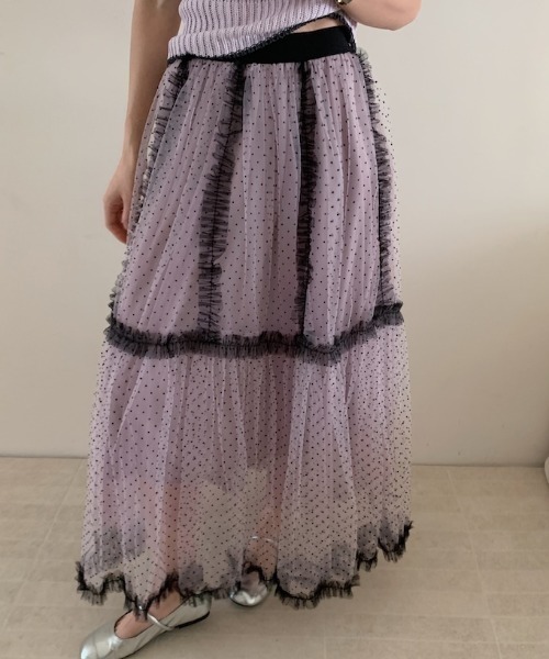 Aelina（エリナ）の「レースパッチワークレイヤードドット柄チュールスカート（スカート・レディース・ブルー/ピンク/ベージュ・F）」の9枚目の写真