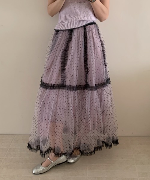 Aelina（エリナ）の「レースパッチワークレイヤードドット柄チュールスカート（スカート・レディース・ブルー/ピンク/ベージュ・F）」の10枚目の写真