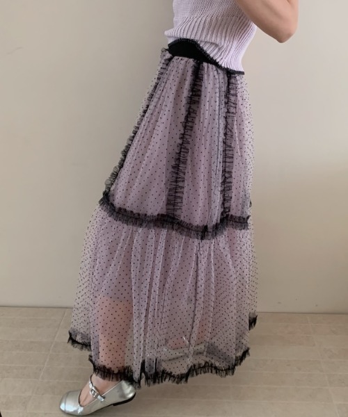 Aelina（エリナ）の「レースパッチワークレイヤードドット柄チュールスカート（スカート・レディース・ブルー/ピンク/ベージュ・F）」の4枚目の写真
