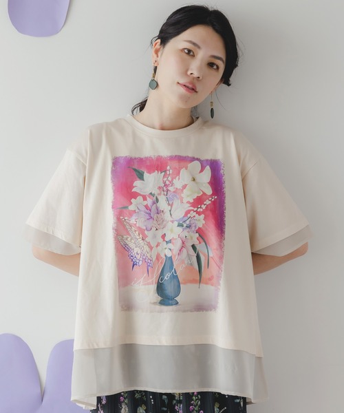 イズスカラー　is scolar 552267：花瓶柄シフォン切替プルオーバー 552267：花瓶柄シフォン切替プルオーバー（Tシャツ/カットソー