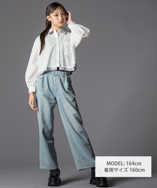 ZIDDY（ジディ）の「ダブル襟長袖シャツブラウス&タンクトップセット(130~160cm)（シャツ/ブラウス・キッズ・ホワイト/ブルー・150cm/FREE/130cm/140cm）」の5枚目の写真