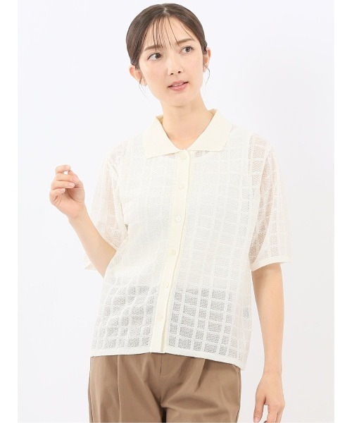 m.f.editorial（エムエフエディトリアル）の「【シアーニット ハンドウォッシャブル】m.f.エディトリアル レディース チェック ニットシャツ（ニット/セーター・レディース・ブラック/アイボリー・LARGE/MEDIUM）」の2枚目の写真