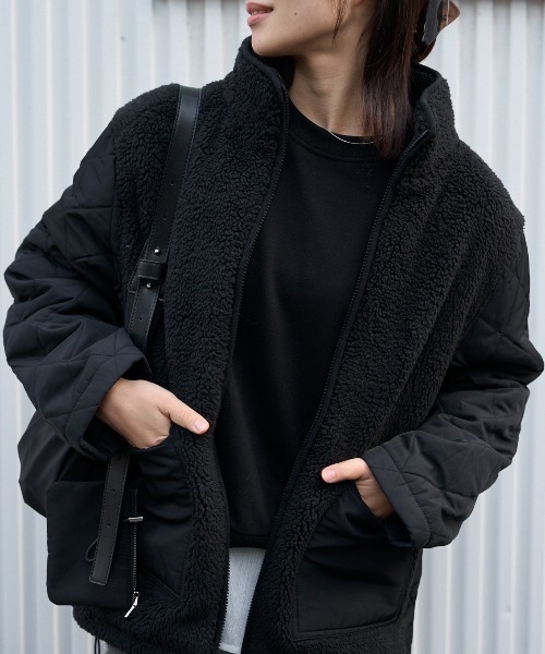 TRIANGLE PALETTE（トライアングルパレット）の「ボア切り替え スタンドカラーブルゾン（その他アウター・レディース・アイボリー/ブラック/カーキ・FREE）」の3枚目の写真