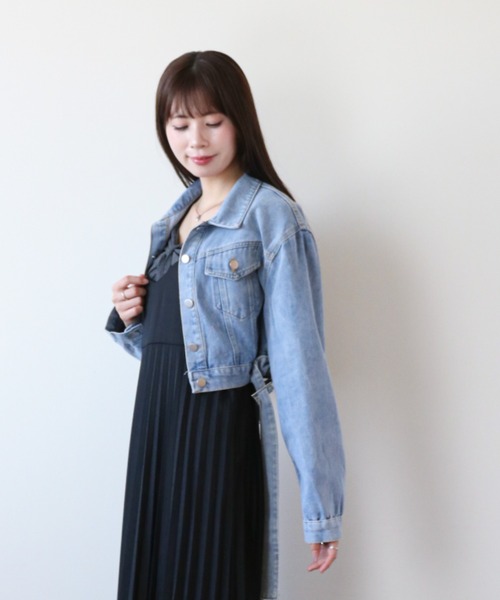 セール】裾ベルト付き クロップドデニムジャケット（デニムジャケット
