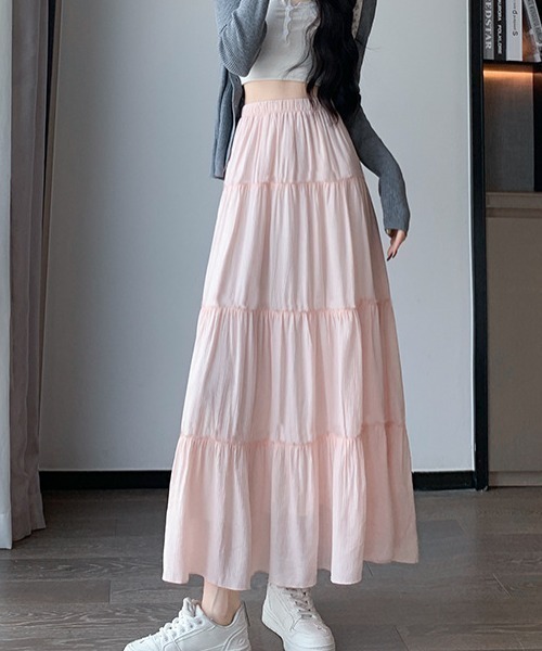 maison de LATIR(メゾンドラティール)の「夏は軽やかに揺れるのが可愛い。夏服 オフィスカジュアル にも映えるボリューム切り替えエアリーAラインティアードロングスカート(スカート・レディース・ホワイト/ブラック/ピンク・FREE)」の22枚目の写真