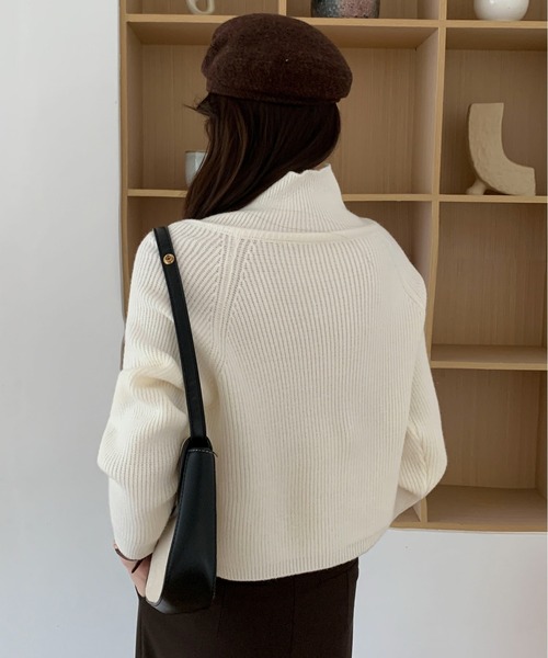 Maison Calme(メゾンカルム)の「ハーフジップニットプルオーバー スタンドカラー シンプルデザイン イチオシニット 長袖(ニット/セーター・レディース・レッド/ホワイト/ブラウン・M/L)」の20枚目の写真
