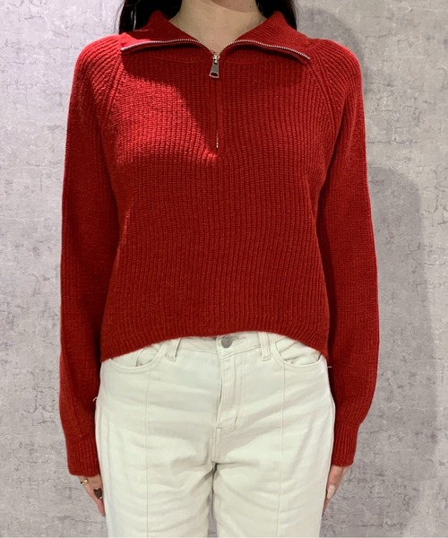 Maison Calme(メゾンカルム)の「ハーフジップニットプルオーバー スタンドカラー シンプルデザイン イチオシニット 長袖(ニット/セーター・レディース・レッド/ホワイト/ブラウン・M/L)」の9枚目の写真