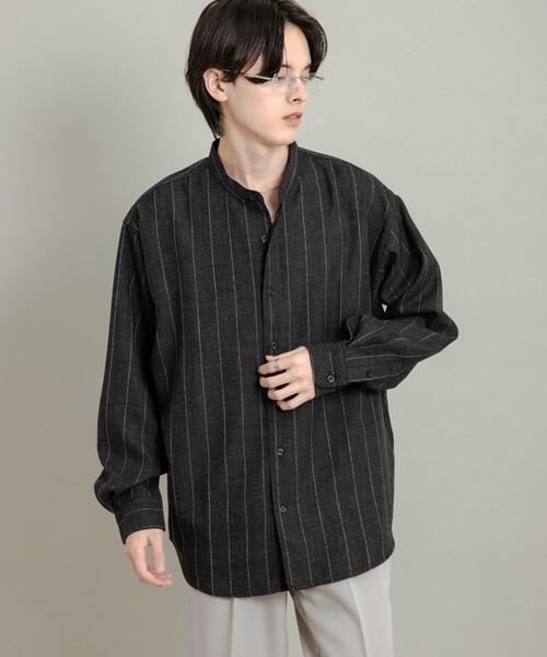 セール】ウールタッチストライプバンドカラーシャツ（シャツ/ブラウス