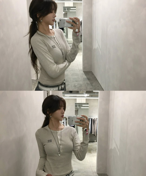 muahmuah（ムーアムーア）の「ヘンリーネック ステッチ ロングスリーブTシャツ [7色]（Tシャツ/カットソー・レディース・ブラック/ホワイト/ライトグレー/オートミール/ネイビー/チャコール/カーキ・FREE）」の9枚目の写真