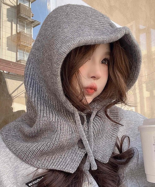 VIBGYOR（ヴィブジョー）の「pur chouchou/ボタン付き ニット バラクラバ P4405（ニットキャップ/ビーニー・レディース・アイボリー/グレイッシュベージュ/グレー/ブラック・FREE）」の3枚目の写真