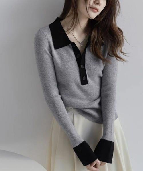 shoppinggo(ショッピングゴー)の「ニットセーター Vネック レディース ボダン付き 長袖 秋冬 無地 キレイめ シンプル 秋冬(ニット/セーター・レディース・ブルー/ホワイト/グレー・FREE)」の3枚目の写真