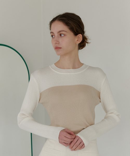 YUPPE(ヨッペ)の「LINE GOLGI KNIT_BEIGE(ニット/セーター・レディース・その他・FREE)」の1枚目の写真
